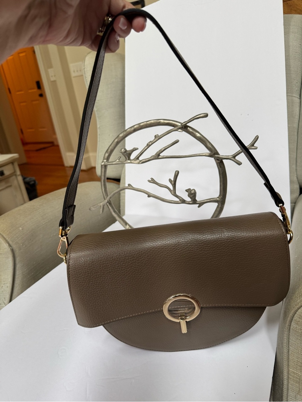 Taupe Leather Half-Moon Crossbody Bag with Gold Ring Accent - Picture 12 of 12